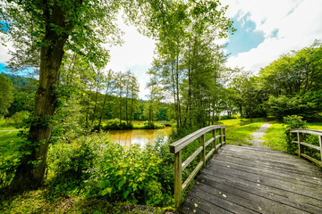 View of the Haunetalsperre and the surrounding nature. Flood retention basin near Marbach in the...