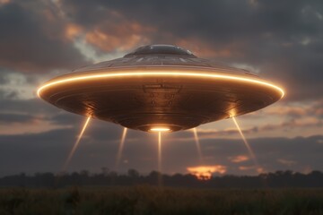 Futuristic ufo spacecraft hovering over a rural landscape at sunset