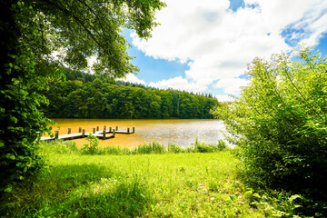 View of the Haunetalsperre and the surrounding nature. Flood retention basin near Marbach in the...