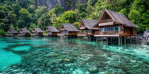 Obraz premium luxury bungalows in the clear sea water on a tropical beach 