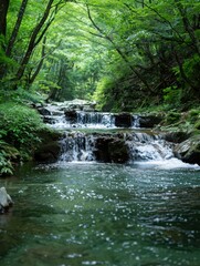 Serene forest waterfall in lush green landscape