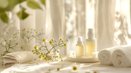 A composition of body care products in light yellow and white tones, on a table with soft lighting, exquisite product display photography. Generative AI illustration 