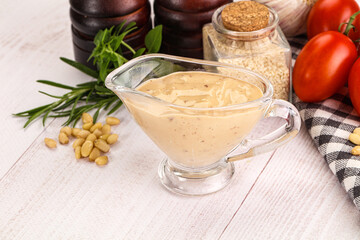 Delicious walnut creamy sauce in the bowl