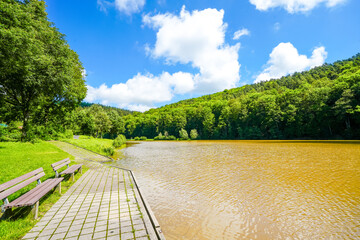 View of the Haunetalsperre and the surrounding nature. Flood retention basin near Marbach in the...