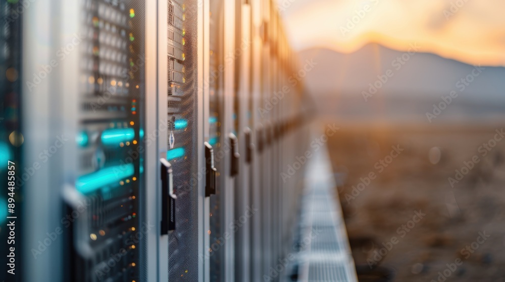 Poster long row of data server racks stretching out into the distance, with a sunset in the background, sym