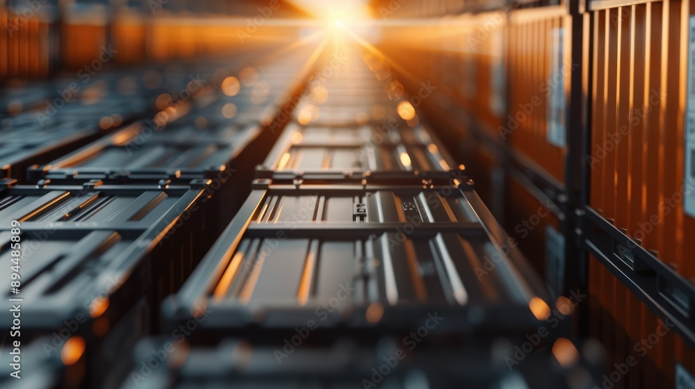 Poster a detailed close-up shot of neatly stacked shipping containers with a glowing sunset illuminating th