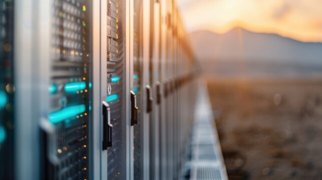 Long row of data server racks stretching out into the distance, with a sunset in the background, symbolizing the vastness and connectivity of modern data systems.