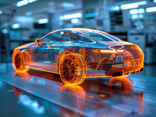 Car visualization with augmented reality Transparent Car in studio drawing in blue colors and orange colors, on dark-blue laboratory background.