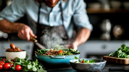 A chef in a kitchen, captured mid-action while cooking a vibrant and fresh vegetable dish. The image highlights the colorfulness and art of culinary expertise.