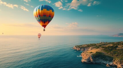 Naklejka premium Colorful hot air balloons flying over the sea