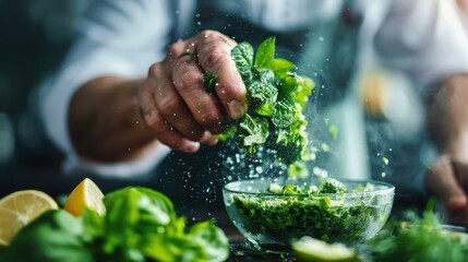 A person squeezes fresh mint leaves into a bowl, preparing to garnish dishes or drinks, symbolizing freshness, zest, and meticulous attention to culinary or mixology practices with vibrant greens.