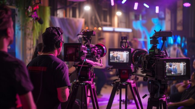 A film crew uses professional cameras to record a scene in a studio setting. The scene is lit with vibrant purple and blue lights.