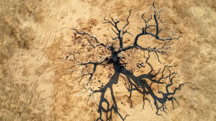 Dead tree casting shadow on dry cracked earth from above