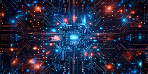 Obraz premium High-tech digital circuit board with glowing blue and orange lights, representing modern technology.