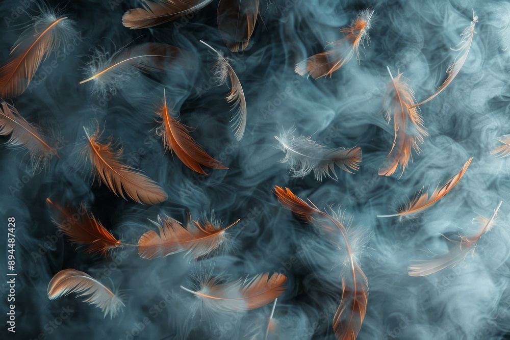 Poster artistic image portraying delicate feathers floating amidst a mystical smoky background