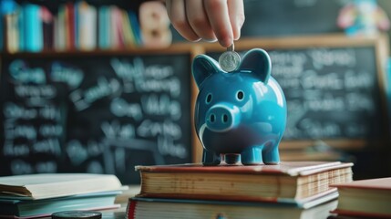 The blue piggy bank on books