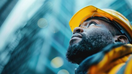 Obraz premium A worker dressed in safety clothing and a yellow hard hat stands against the backdrop of modern skyscrapers, showcasing safety in urban and professional environments.