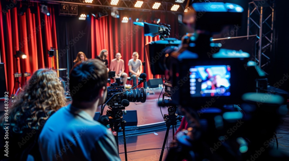 Poster a live music performance is being filmed on a stage with red curtains. the band is playing in front 