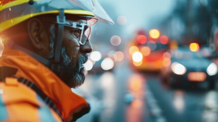 Obraz premium A traffic security professional is positioned on a busy street during dusk, ensuring safety and order amidst blurred vehicles and bright emergency lights.