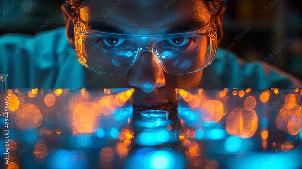 Poster close-up shot of a technician in a lab studying a petri dish, emphasizing the precision and detail i
