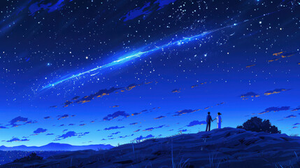 Naklejka premium A couple stands on a hill, marveling at a breathtaking meteor shower illuminating the night sky with vibrant colors and shooting stars.