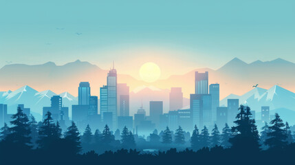 Fototapeta premium City skyline at sunrise with mountains in the background, showcasing urban landscape blending with nature.