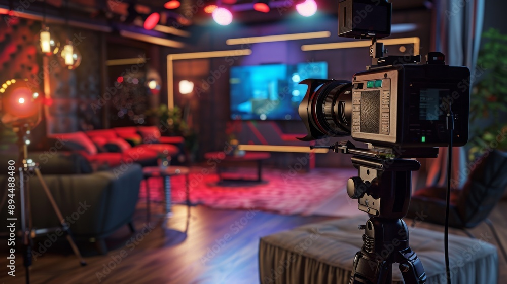Poster A camera on a tripod faces a screen with a blue and green scene in a studio lit with red and blue lights. Furniture is visible in the background