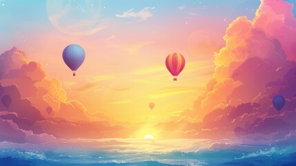 Fototapeta premium Colorful hot air balloons flying over the sea