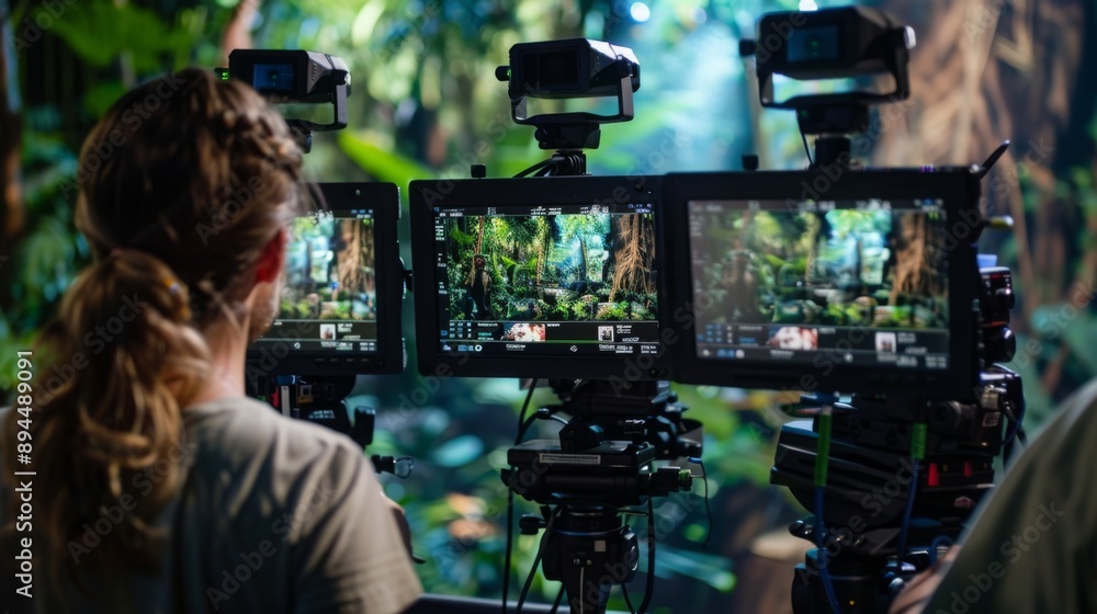 Poster a filmmaker reviews footage on a monitor, while standing in a lush green setting. the monitor displa