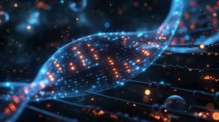 Futuristic concept of DNA structure in research and checkup, focusing on gene biotechnology, biological cells, and advanced chromosome molecules.