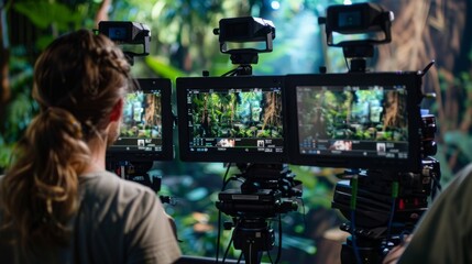 A filmmaker reviews footage on a monitor, while standing in a lush green setting. The monitor displays a scene with a forest background.