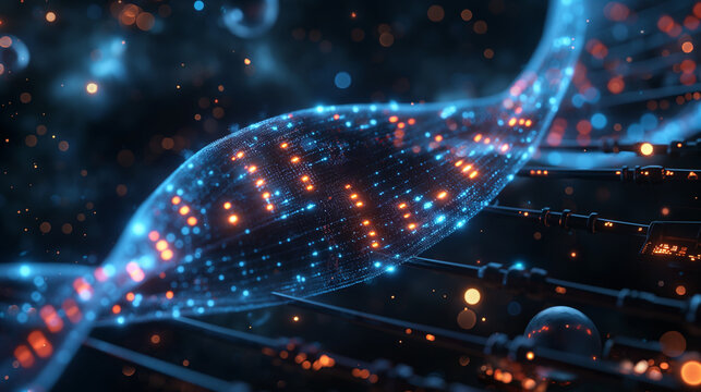 Futuristic concept of DNA structure in research and checkup, focusing on gene biotechnology, biological cells, and advanced chromosome molecules.