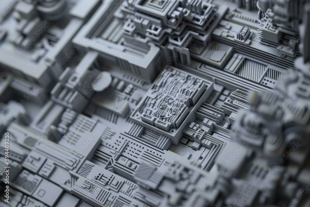 Poster abstract 3d render of a futuristic monochrome circuit board landscape with intricate detail and comp