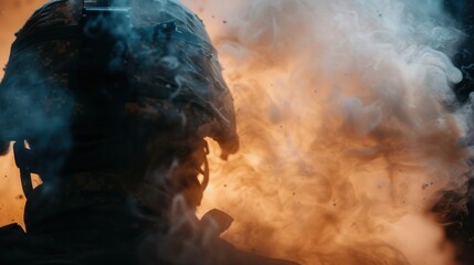 A soldier stands with their back to the camera, surrounded by thick smoke and blazing fire, creating a dramatic and intense atmosphere of a battlefield scenario.