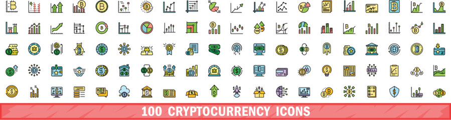 100 cryptocurrency icons set. Color line set of cryptocurrency vector icons thin line color flat on white