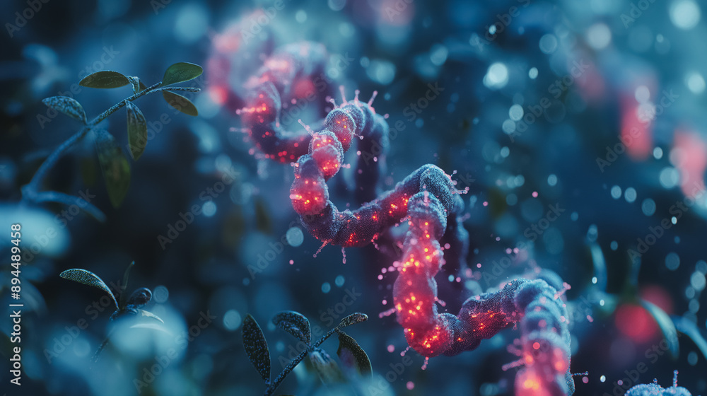 Poster advanced biotechnology science visualization with a prominent dna helix, showcasing developments in 