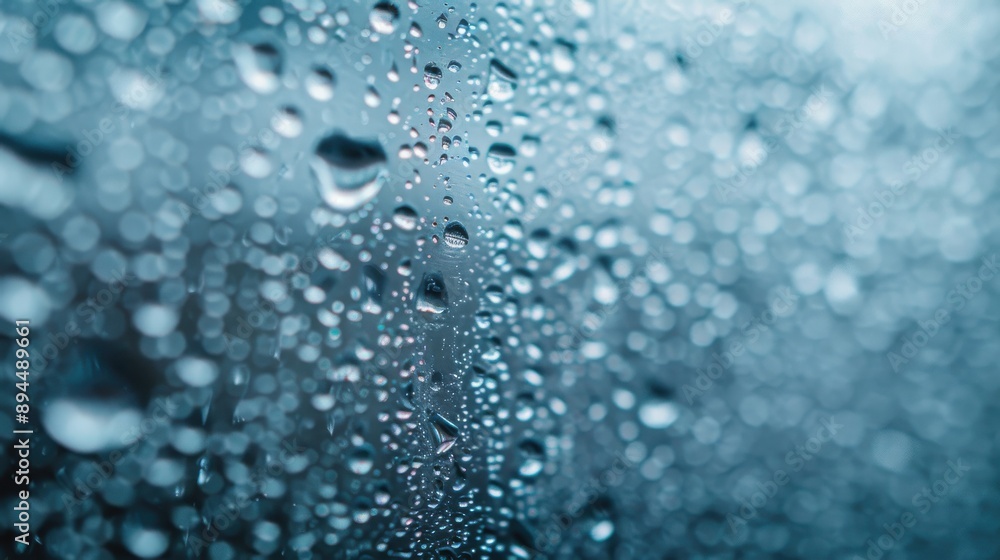Poster close-up image of raindrops on a glass window, creating an abstract visual against a blurred backgro