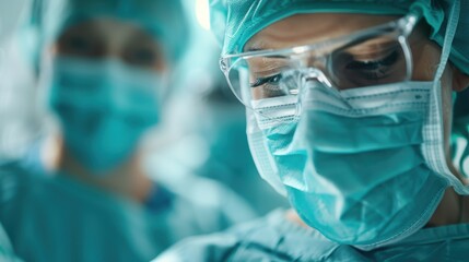 This image shows a close-up of a surgeon wearing surgical mask and scrubs, surrounded by colleagues in an operating room, emphasizing the critical nature of their task.