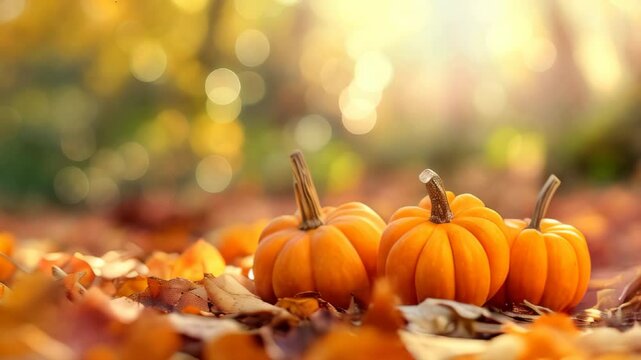 Three pumpkins on fallen leaves in an autumn park. Cozy autumn concept. Video footage