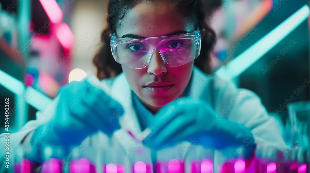 Poster biotechnology in forensic science illustrated by a lab technician working on dna sample extraction.