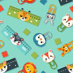Pattern of coloured school rulers in centimetres and inches, stationery paper clips, decorated with animal faces, vector illustration, flat
