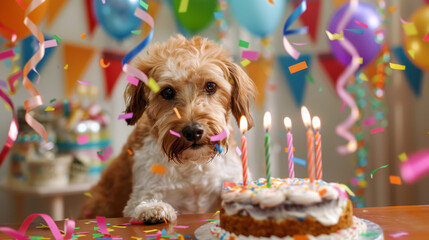 Dog celebrating a birthday surrounded by colorful decorations, candles on cake, and festive confetti in a joyful atmosphere