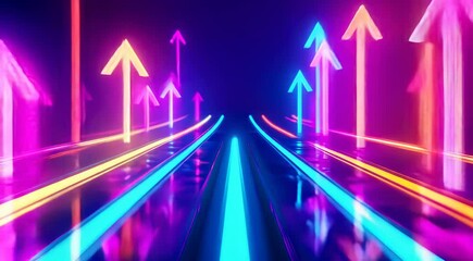 Colorful neon arrows pointing upwards with reflective surfaces, creating a futuristic and vibrant atmosphere.