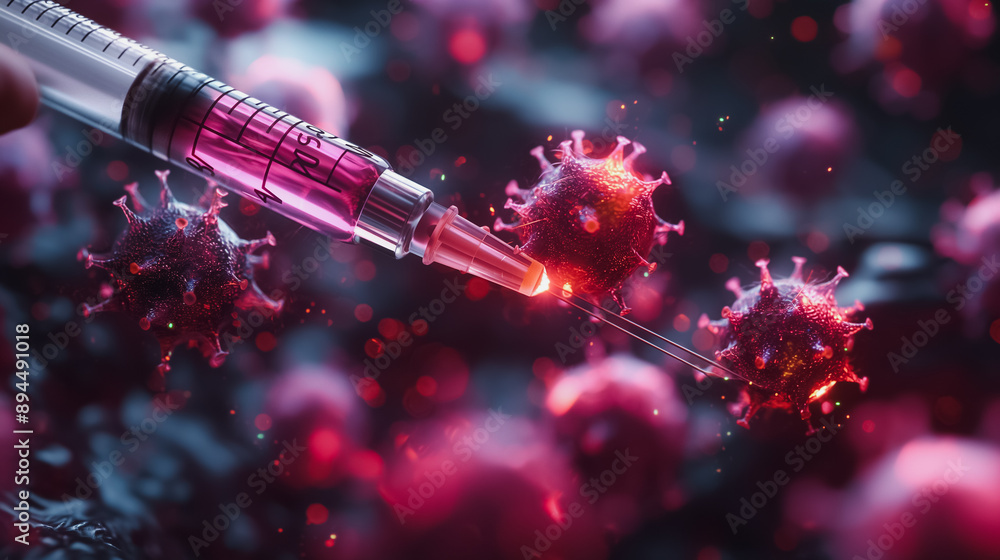 Poster 3d illustration showing a close-up of a syringe injecting a glowing cell, representing advanced biot