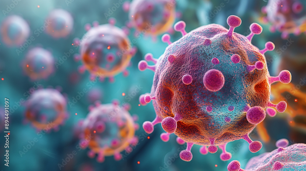 Poster microscopic detail of cells and viruses in a vibrant environment, showcasing the complexity of biolo