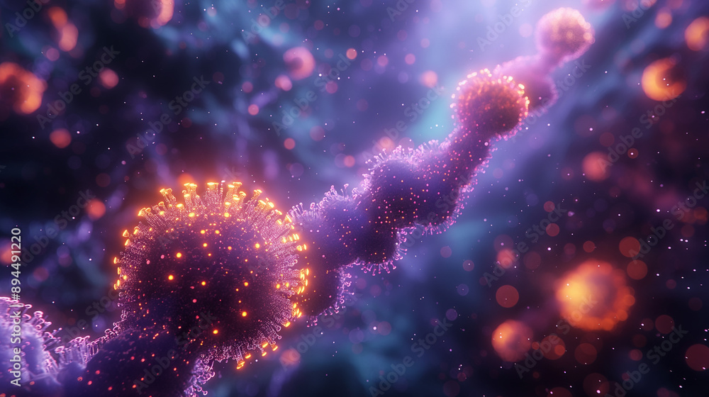 Poster intricate microscopic view of cellular and viral structures in a lively setting, emphasizing detaile