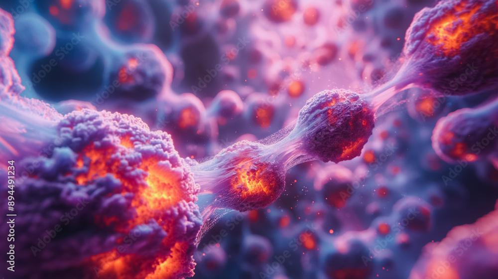 Poster intricate microscopic view of cellular and viral structures in a lively setting, emphasizing detaile