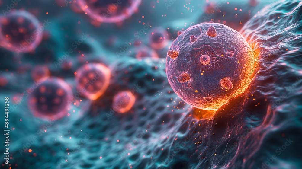Poster close-up view of cells and viruses under a microscope, set in a dynamic environment, illustrating de