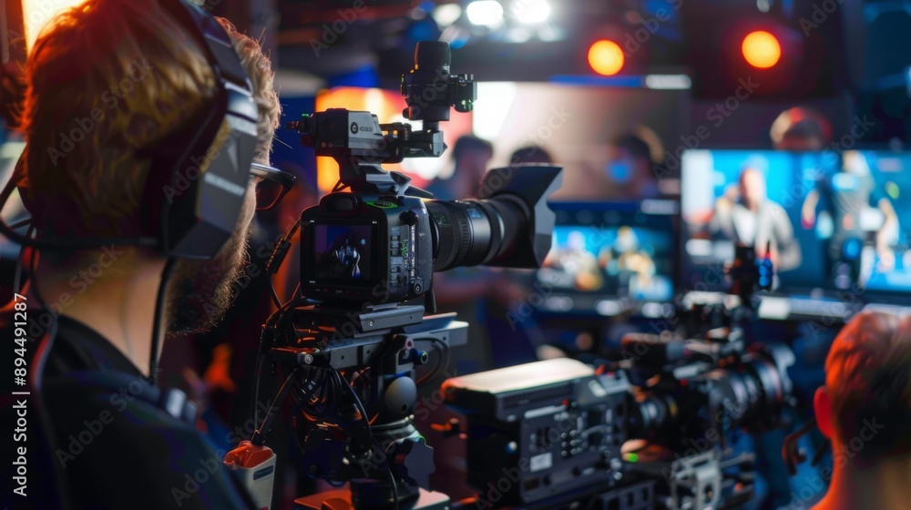 Poster a cameraman with headphones films a live event, focusing on a stage with a blurred background of per
