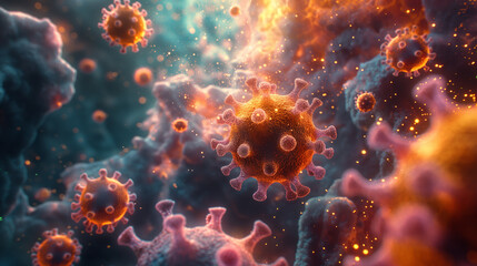 Intricate microscopic view of cellular and viral structures in a lively setting, emphasizing detailed biological processes and environments.